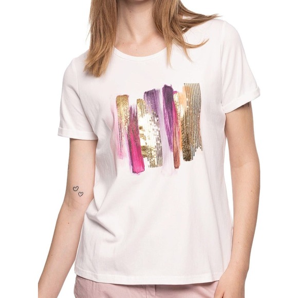 Women's Sequin Graphic Tee Size L Pink Brush Stroke White Cotton T-Shirt NWT - Picture 1 of 4